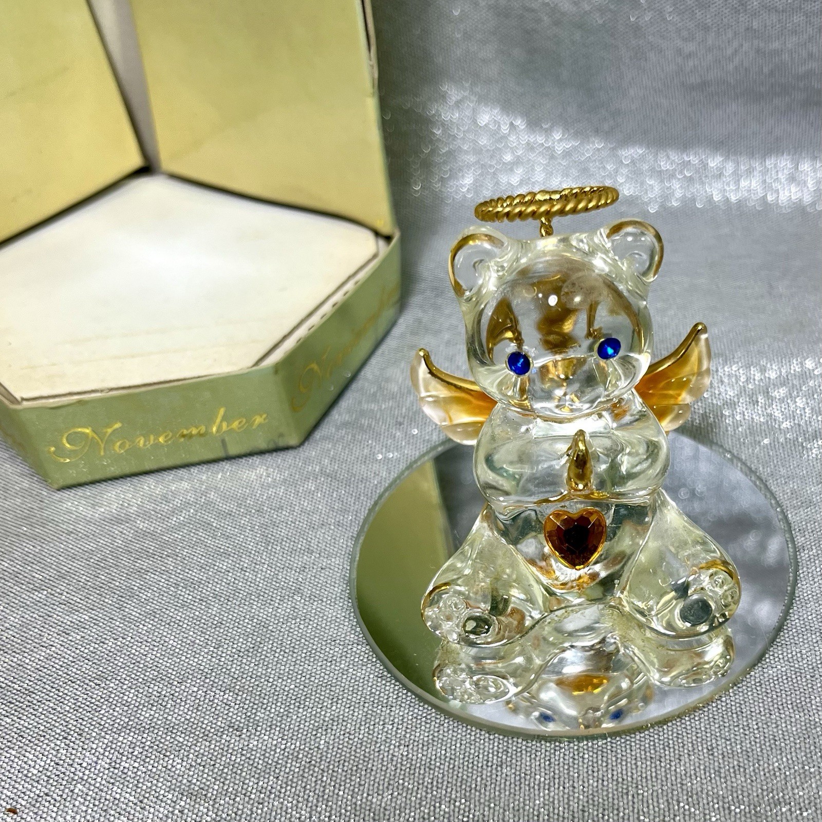 Vintage 22k Gold Angel Bear w/Halo Mirror Base November Orange Birth Stone