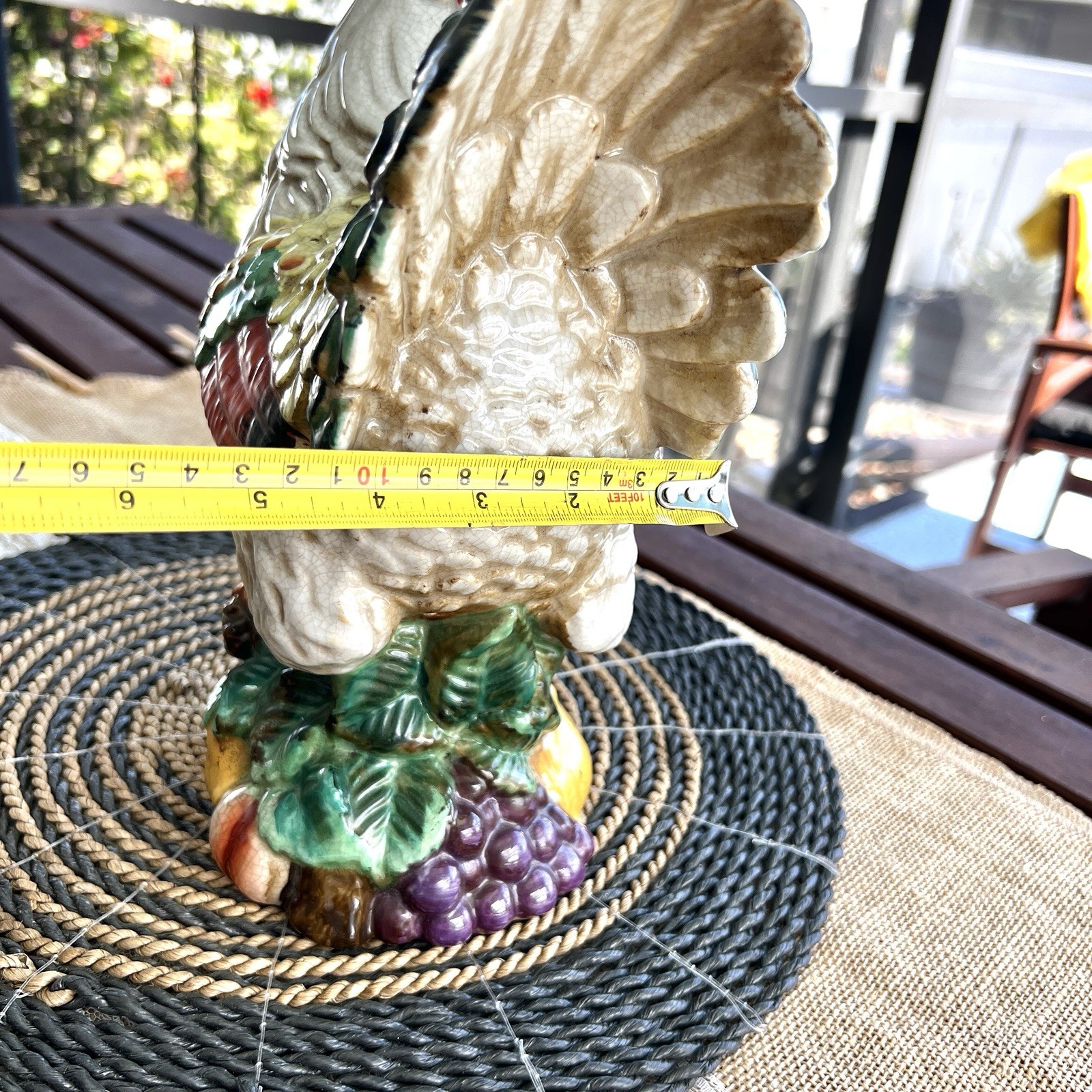 Ceramic Hen Figurine Green Feathers W/ Grapes Fruit 11′ 1950’s Chicken