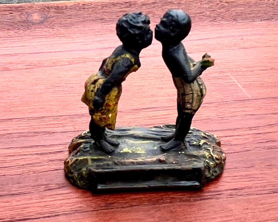 Antique Miniature Sculpture Boy Girl Kissing, Hand painted, Mixed Metals 1890s
