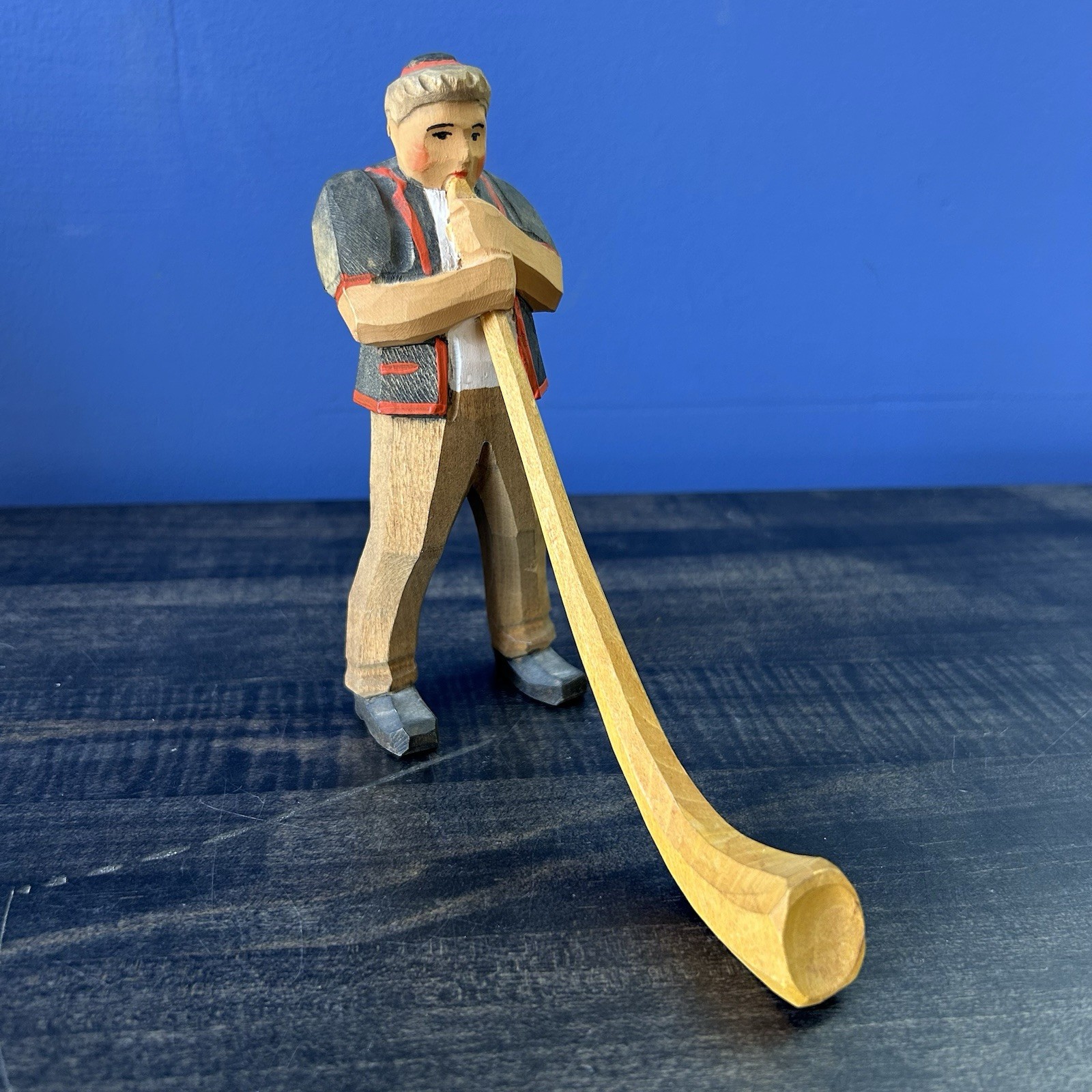 Vintage Hand Carved Wood Swiss Man Figurine Alphorn Player Switzerland Folk Art