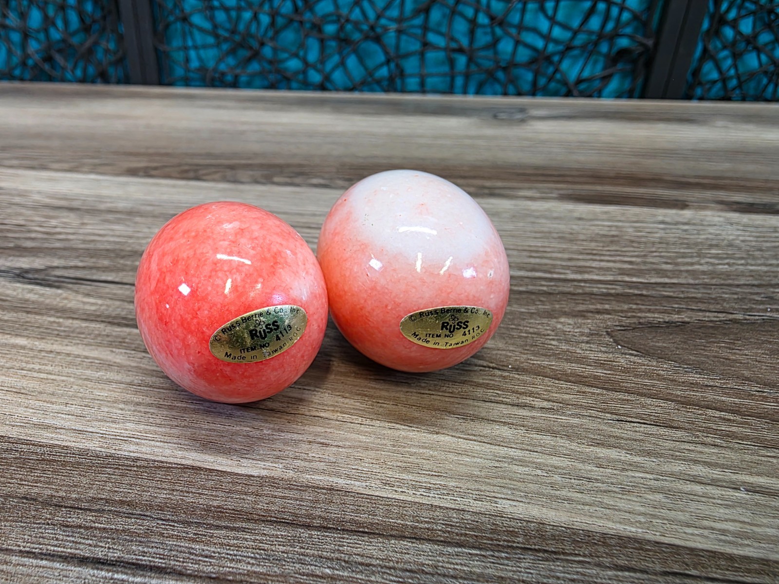 Vintage Russ Berrie Lot of 2 Stone Marble Pink Easter Eggs 1.75″ in Length