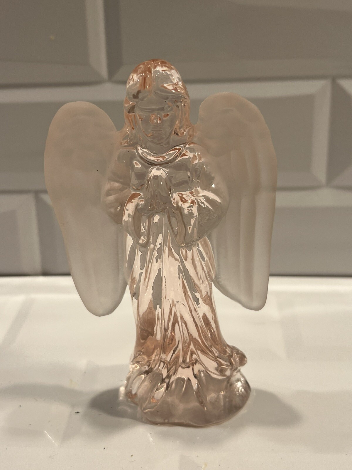 Vintage Pink Art Glass Praying Angel With Frosted Wings 6 Inches Tall