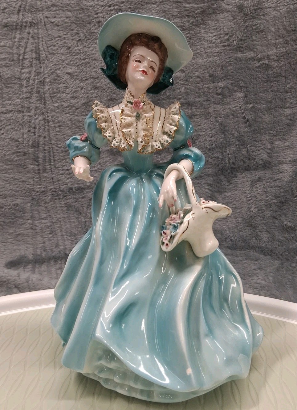 Lovely Vintage Florence Ceramics Lady “Annabel” Aqua Dress with flower basket