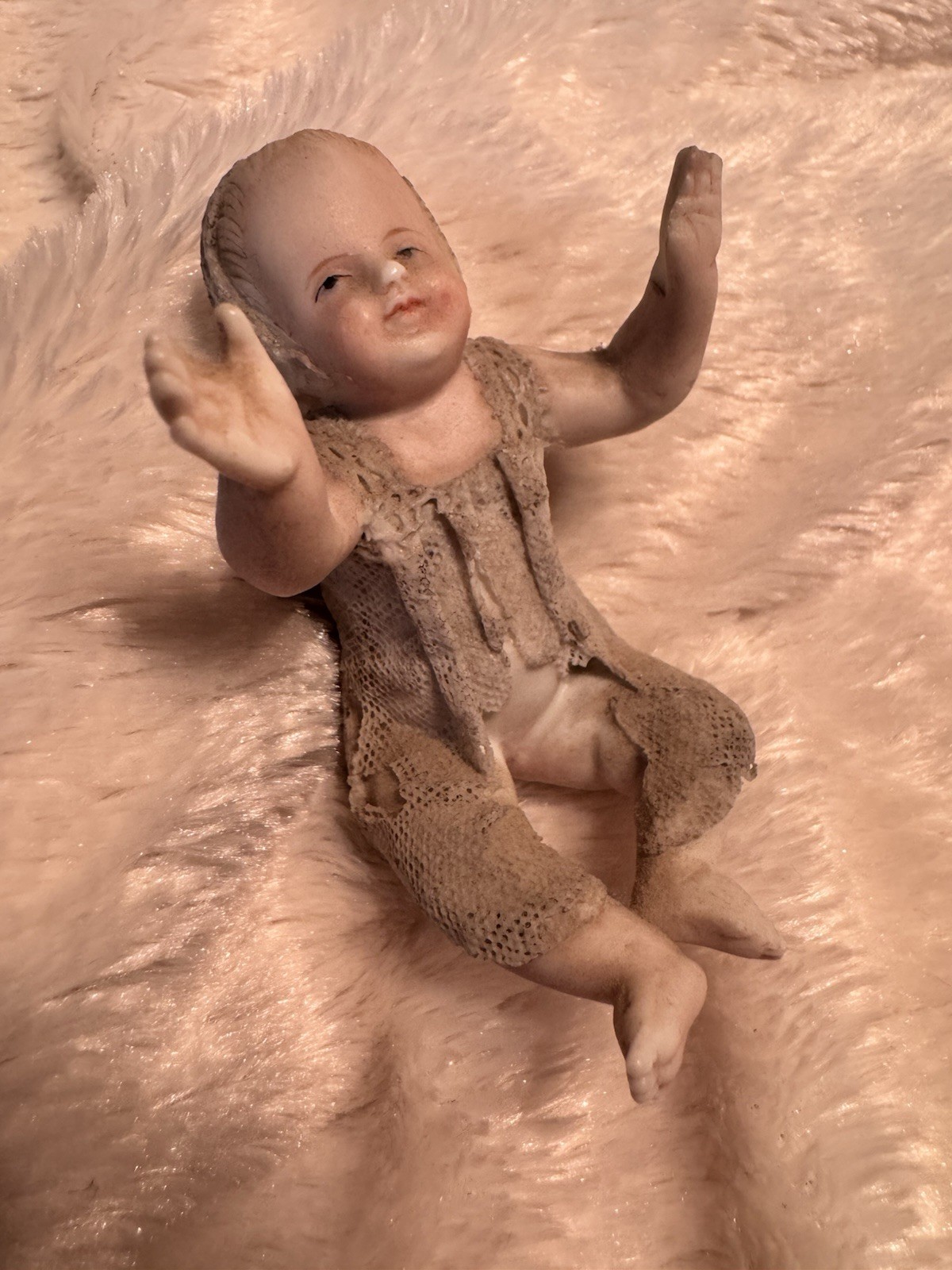 Very Old German Bisque Figurine Reaching Baby Antique Lace Outfit Mini Nursery