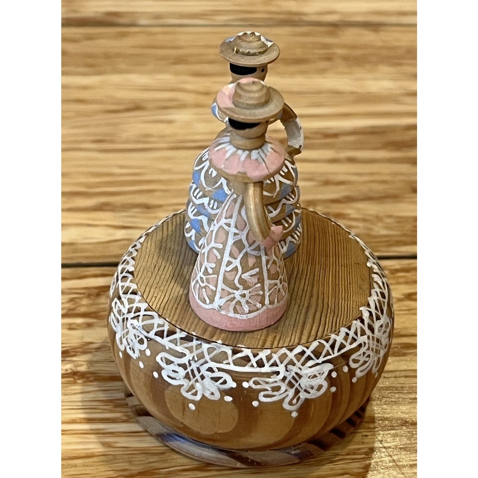 2 Wooden Lady Figurines Detailed Delicate Vintage Mini 2.5” Tall Handpainted