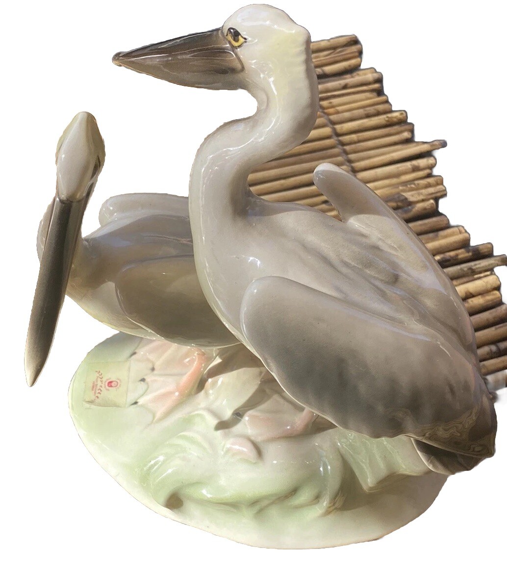 Keramos Wien Austria Signed Royal Belvedere Porcelain Pelicans Vintage Figurine
