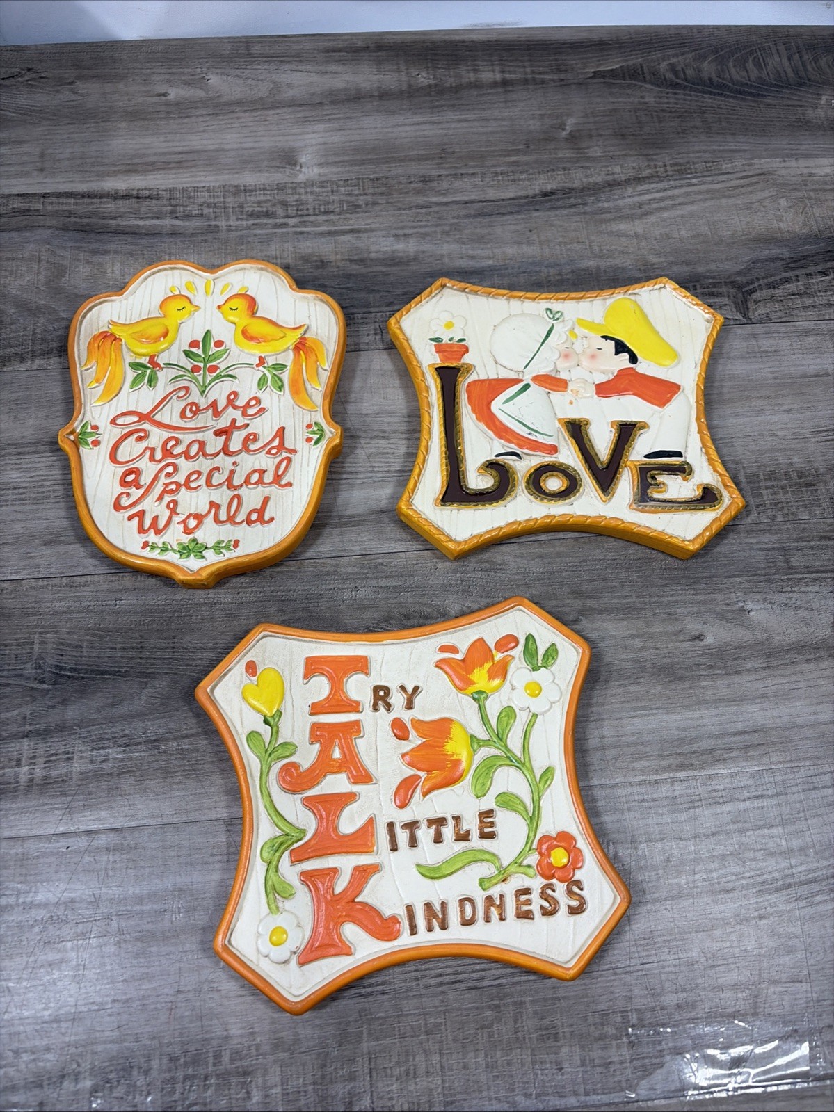 Vintage Chalkware Set Of 3 Plaques “Try A Little Kindness” & “Love” “special ”