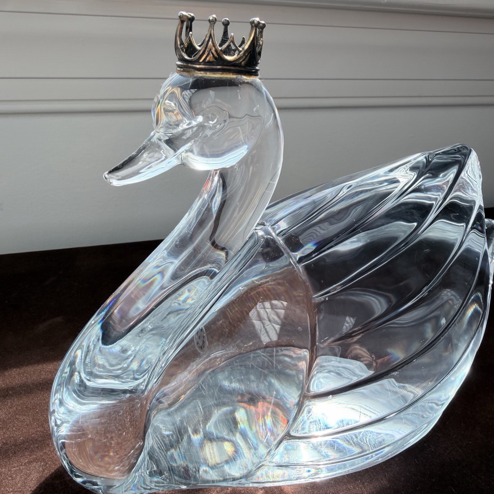 Lead Crystal Swan Figurine With Golden Crown Statue, Made in France