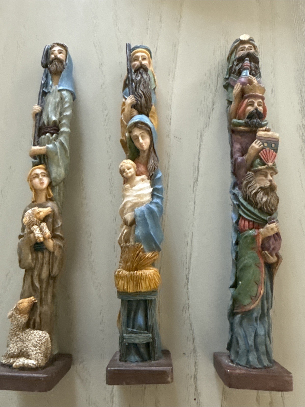 Vtg Carved Wooden Nativity Pencil People Christmas Decor Folk Art Set Of 3