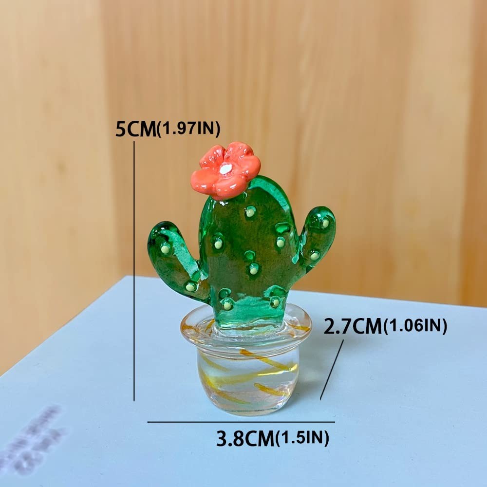 Handmade Blown Glass Cactus Figurines: Miniature Crystal Decor Set