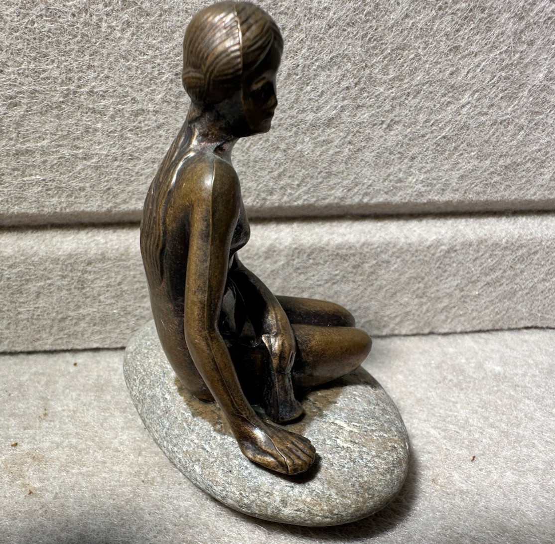 Vintage 3″ Copenhagen Bronze Little Mermaid On Stone