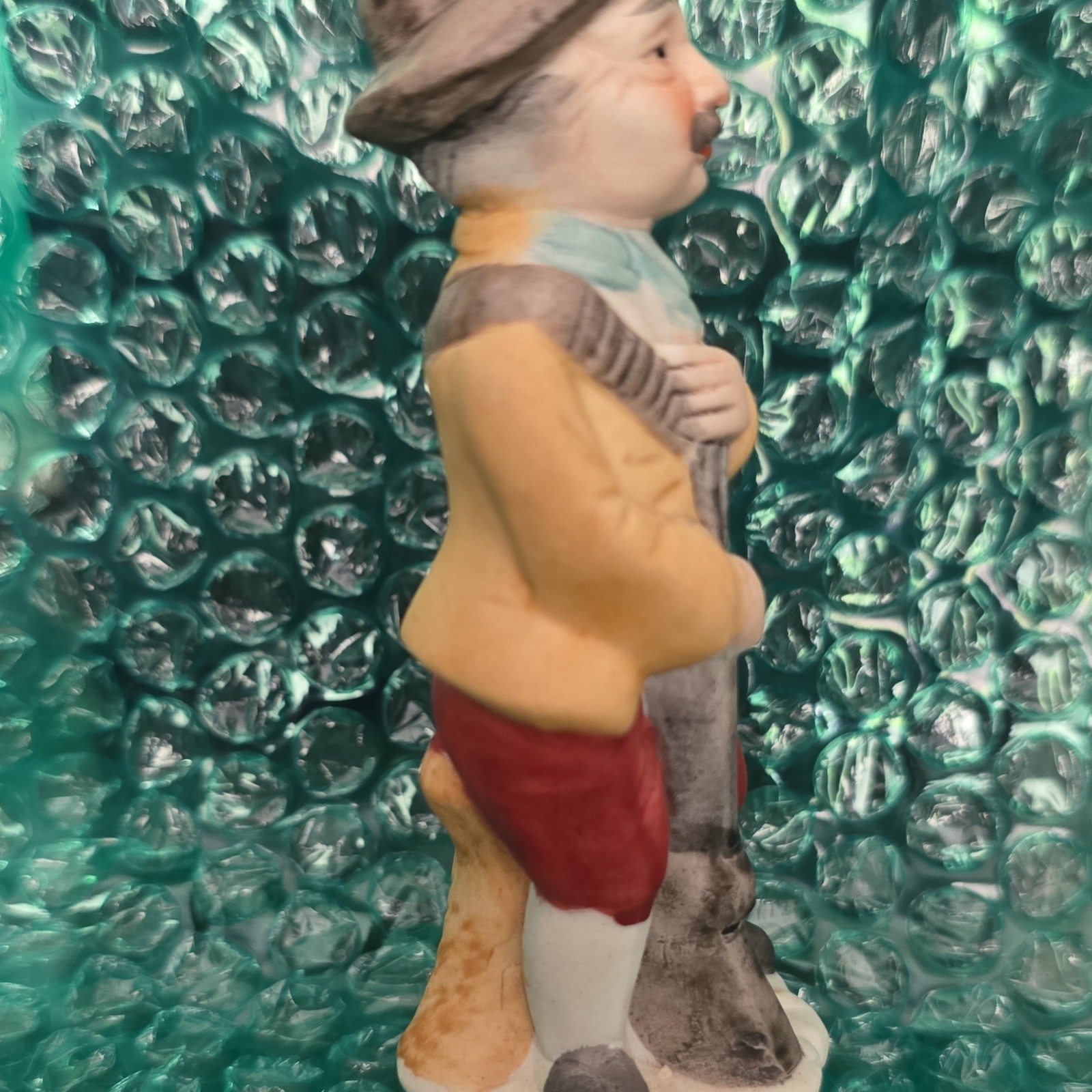 Porcelain Man Figurine Hand Painted Multicolor Walking Stick Cane, Unboxed
