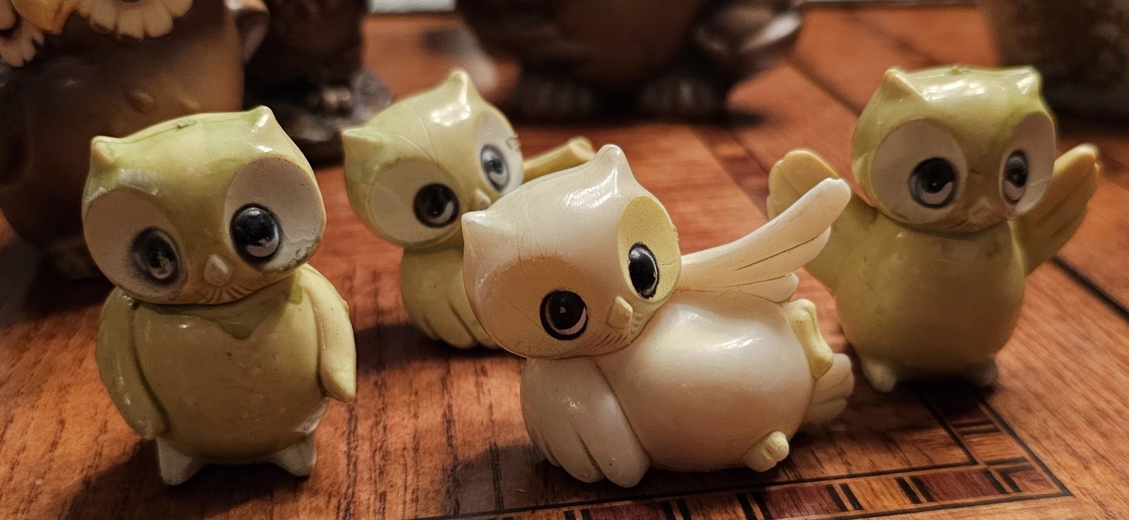 Vintage Retro MCM Miniature Wide Eyed Owl Figurines Celluloid Shelf Sitter Decor