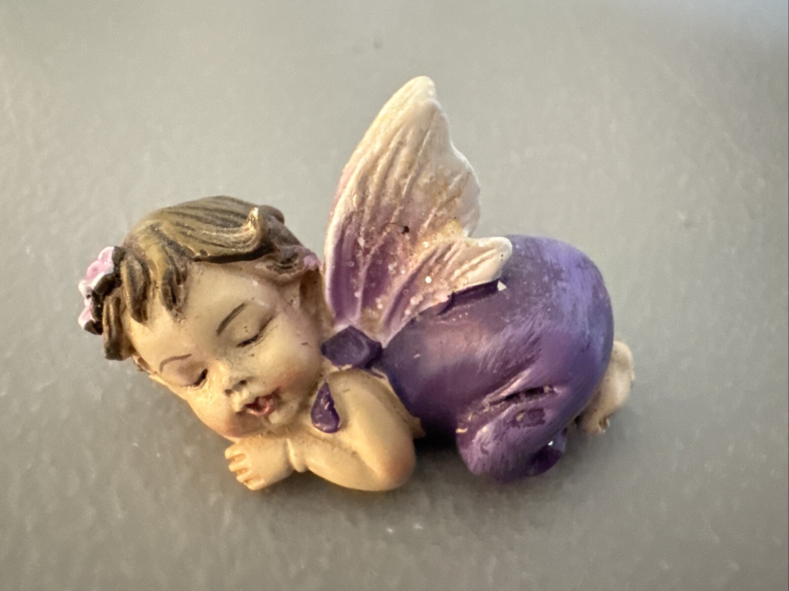 Tiny Baby Girl Angel Figurine Purple Angel Wings Pink Flowers Fairy Garden