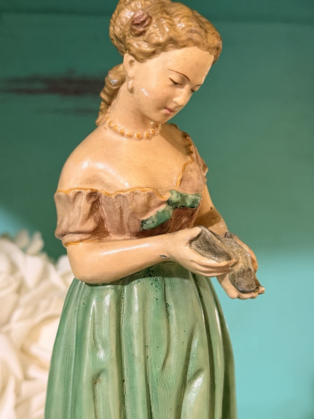 VTG Borghese Handpainted Peasant Girl Holding a Bird Chalkware Figurine 11″ USA
