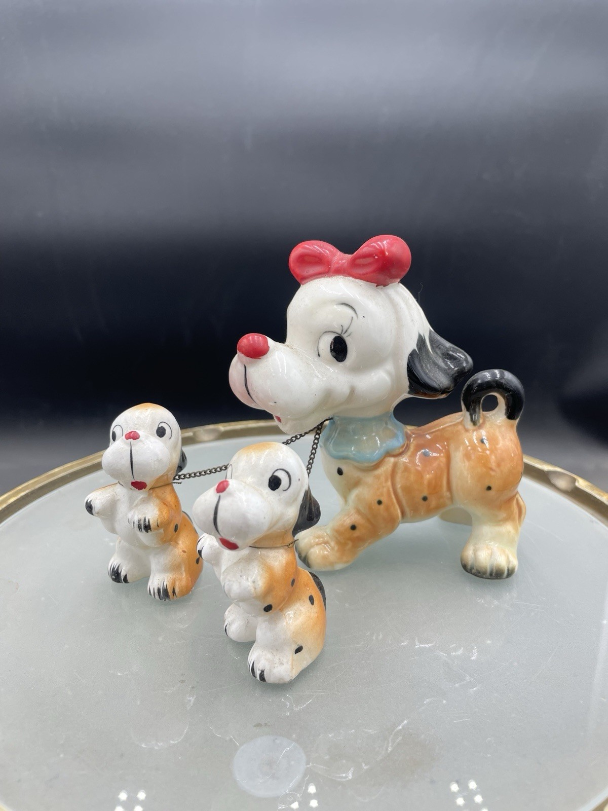 Vintage 1950s Anthropomorphic Ceramic Dog And Pups Figurine, 4”, Japan