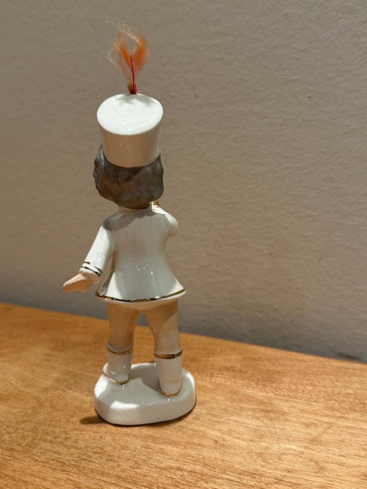 Napco Majorette Girl w/ Feather Cap, Marching Band Trumpet, White & Gold 6” EUC