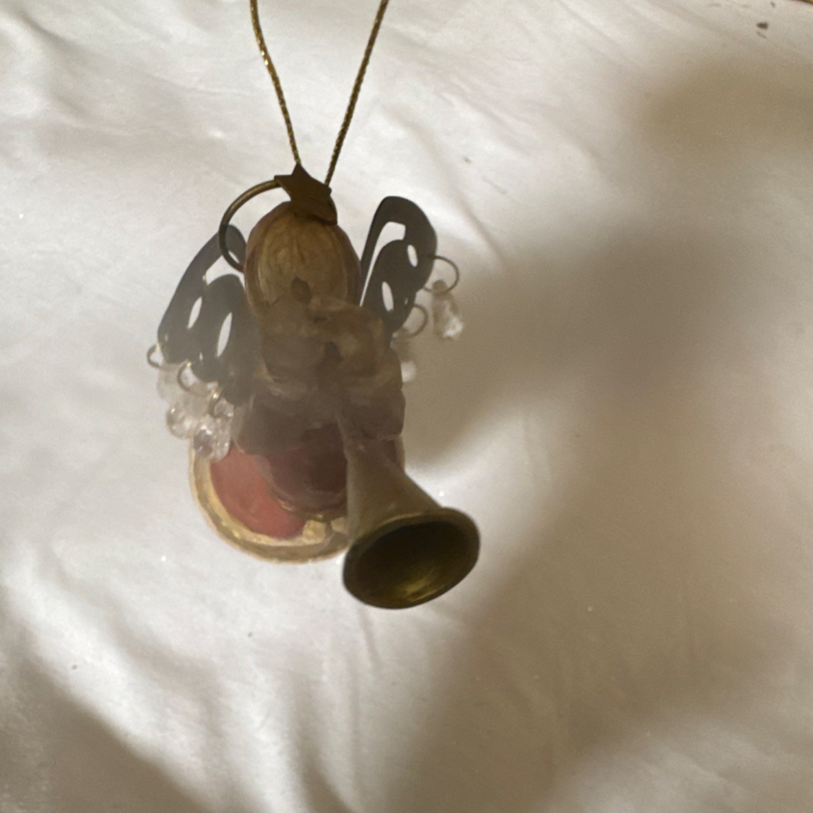 Antique Gold Red Brown Hanging Angel Trumpet Figurine Metal Plastic 7 Inch Decor