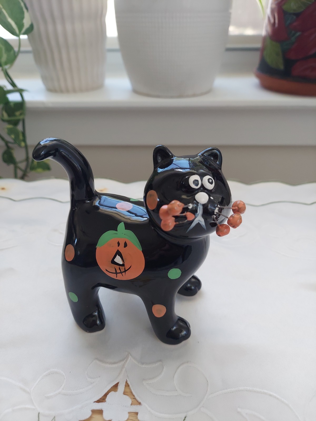 Black Cat Figurine Halloween Ceramic 5.5 Inches Figure Whimsical Jack-o-Lantern