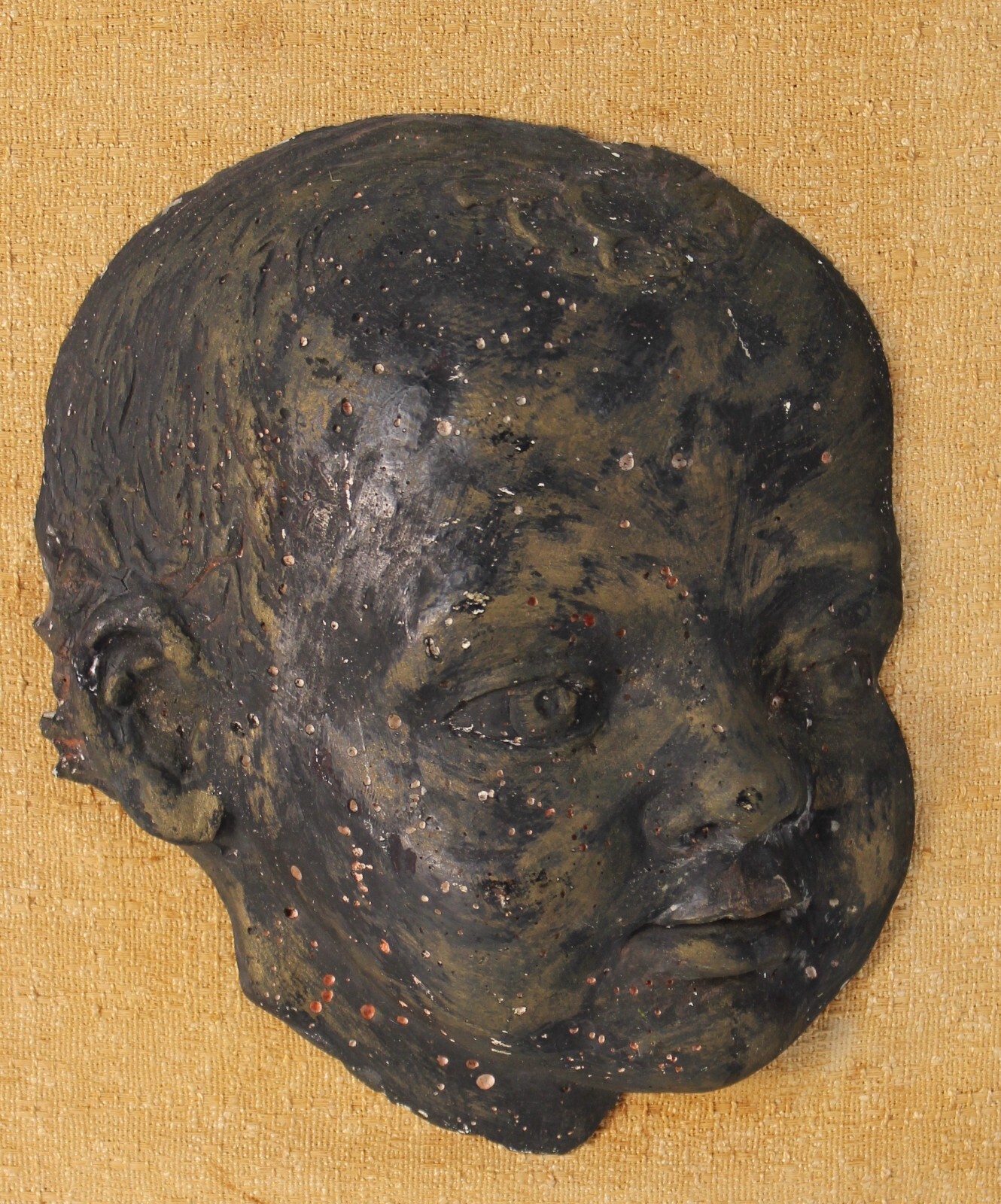 Antique Hand Made Painted 3-D Sculpture Head Of Boy Made Of Plaster On Board