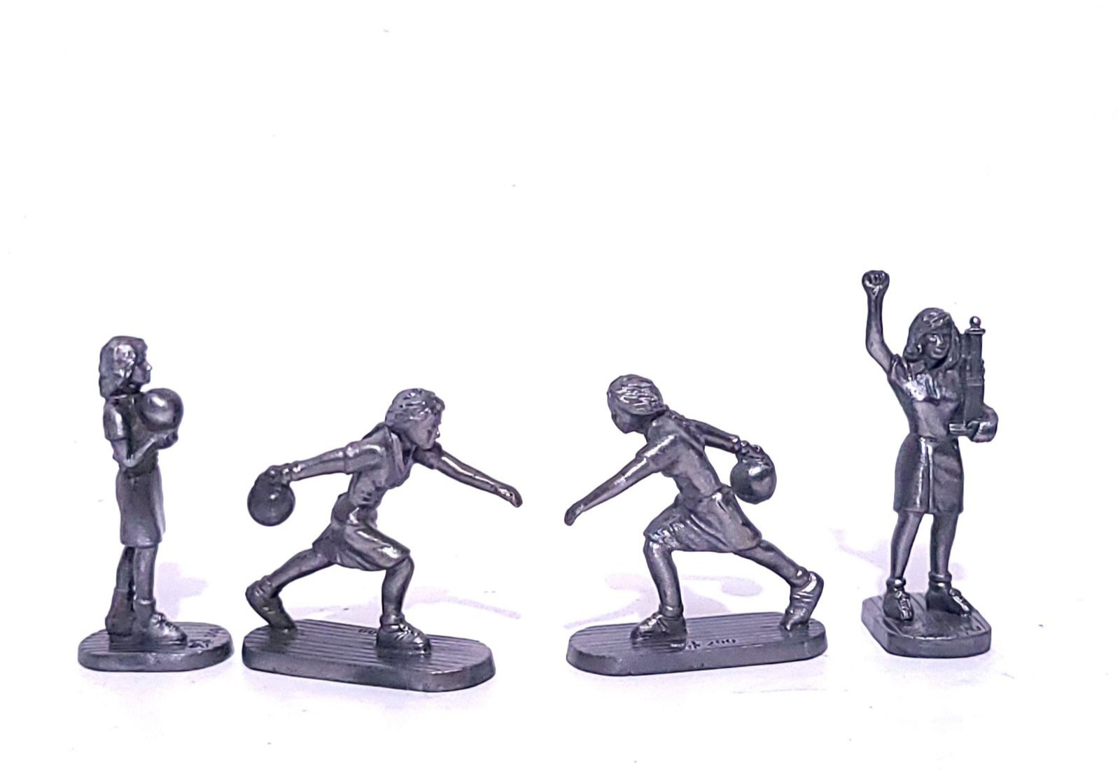 1980’s Brunswick 200 & 500 Pewter 2″ Figurines Woman Bowling Lot of 4