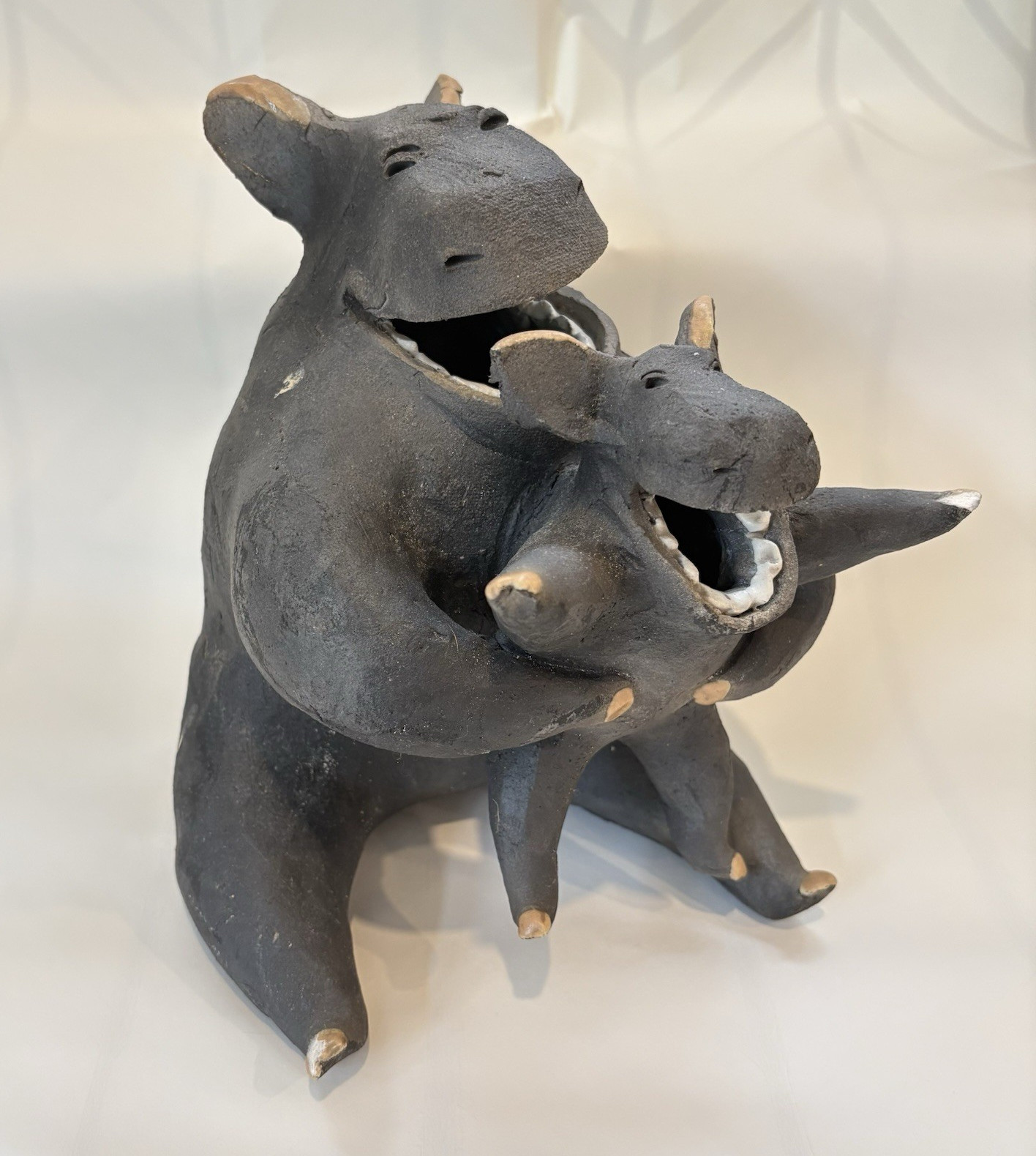 HUGE Mary Garber Raku POG Pottery Double Hippo Figurine 8.5” Tall Vintage