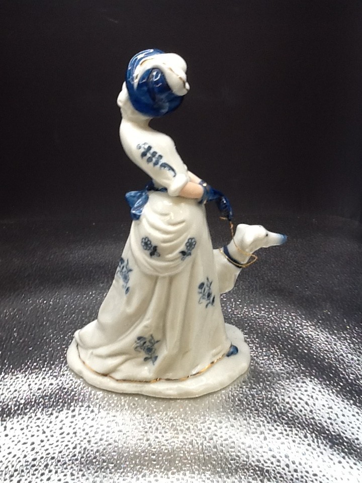 Vintage Fine Porcelain Elegant Lady With Borzoi Figurine Blue flowers Gold Trim