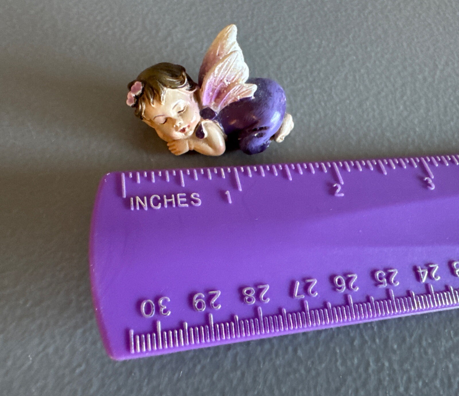 Tiny Baby Girl Angel Figurine Purple Angel Wings Pink Flowers Fairy Garden