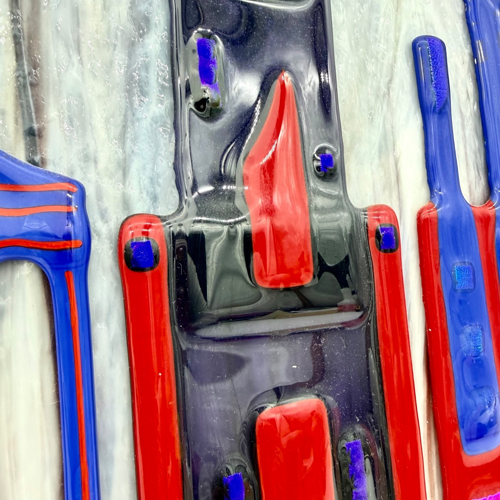 Fused Glass Wall Art Panel 24×16 Modern Abstract Geometric Cityscape Houses Plaq