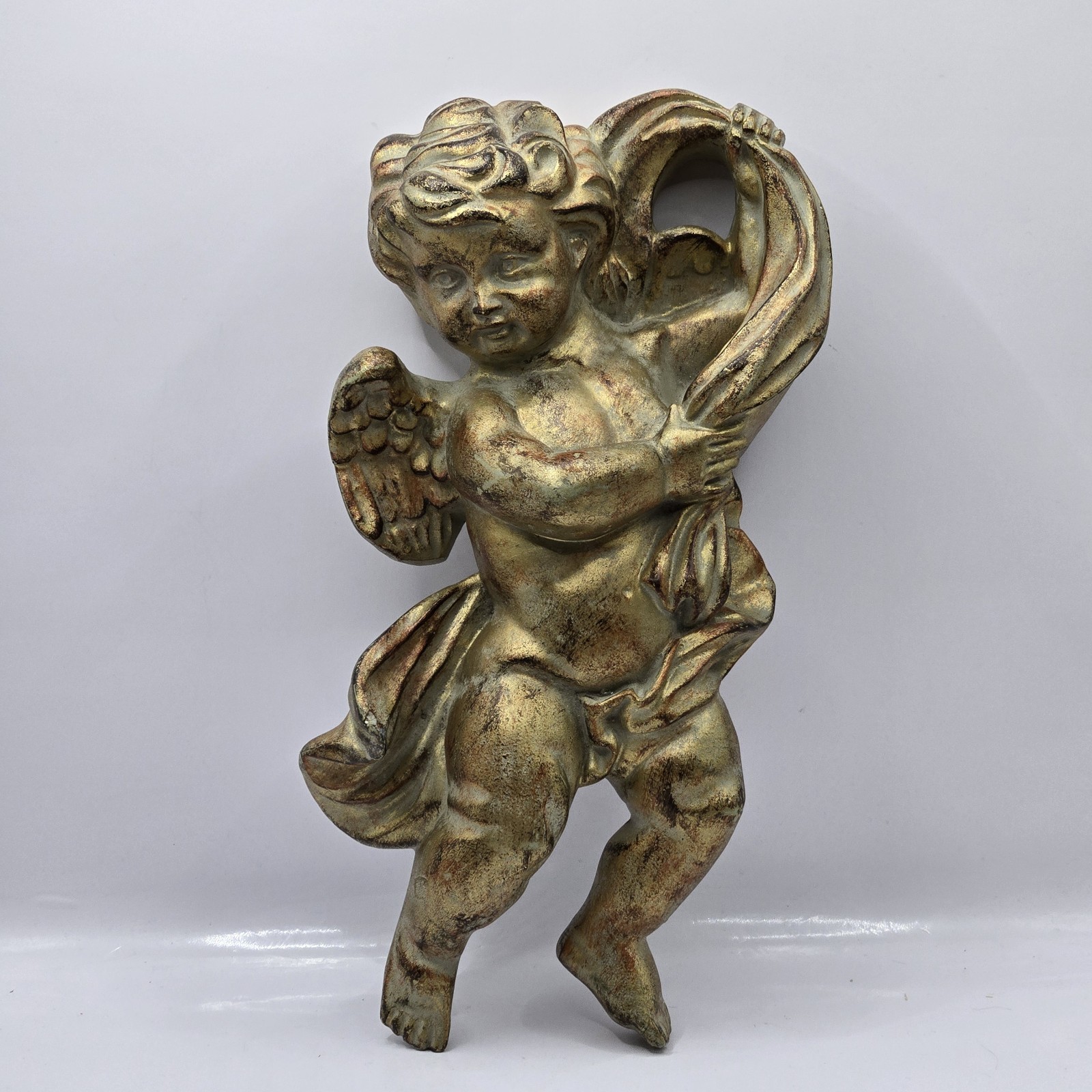 VTG Angel Cherub Wall Hanging Golden Bronze Gilt Rustic Finish Resin 9” Long
