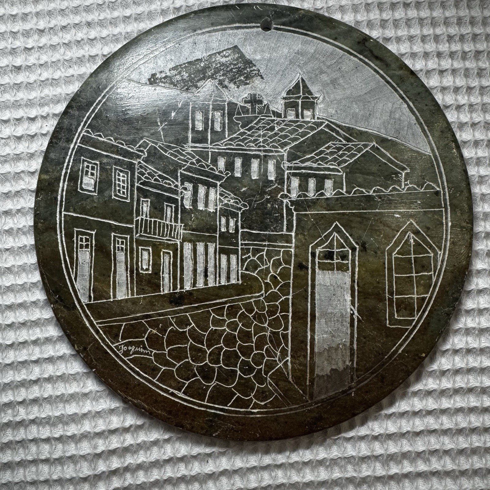 Vintage Brazilian Soapstone Wall Plaque Signed Joaquim Ouro Preto Brazil