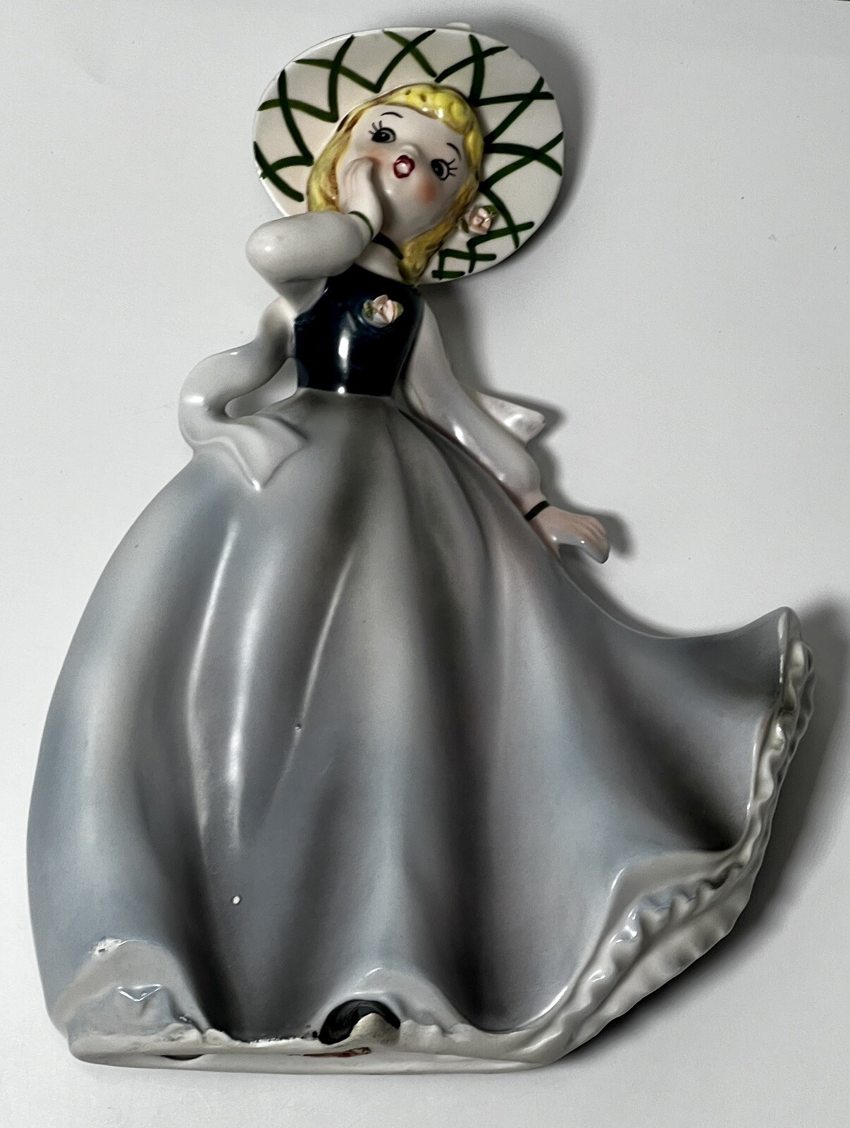 Vintage Ucagco Figurine Japan Girl w/ Gray Dress Bonnet Excellent Used Condition