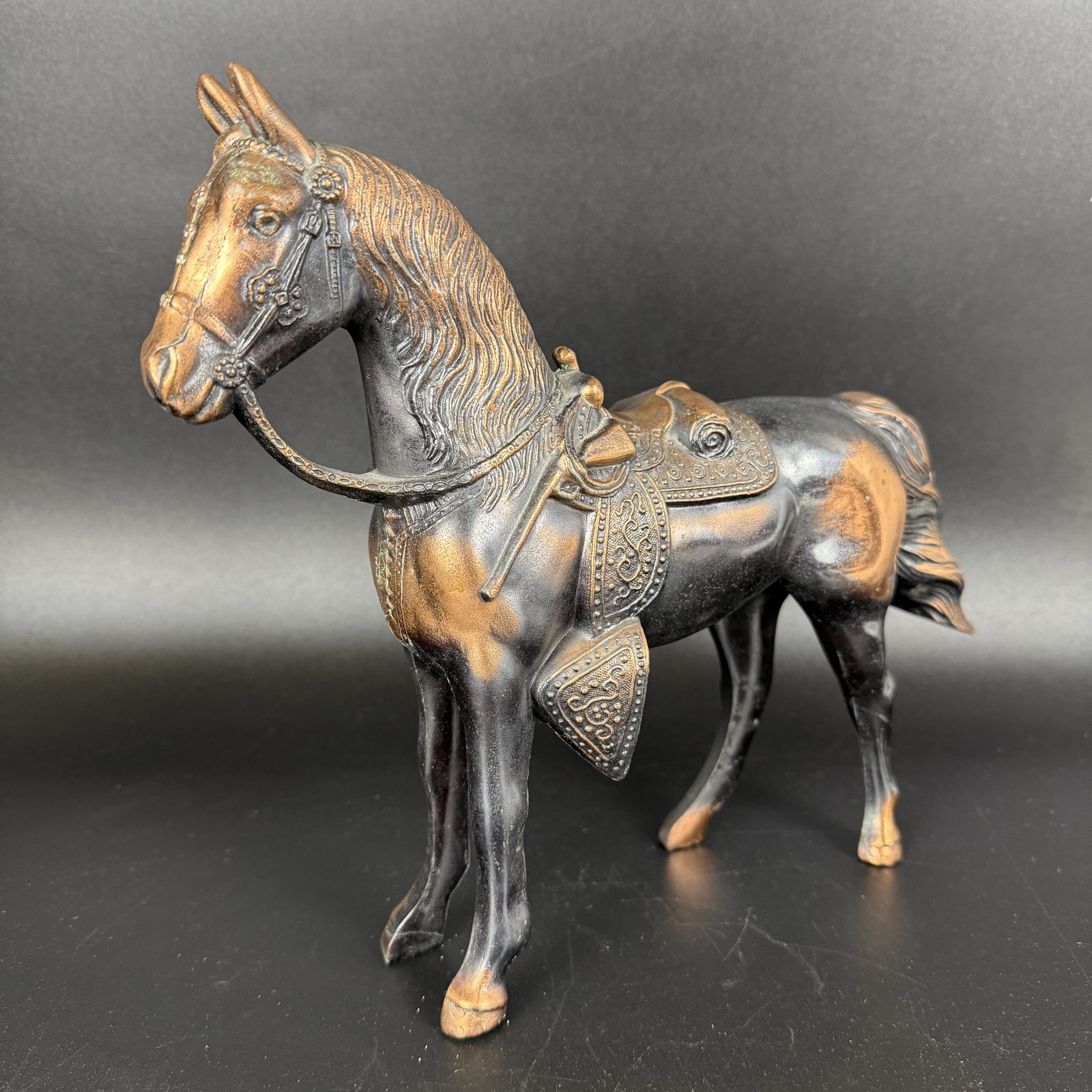 Vtg Cast Metal Copper Bronze Horse Stallion Saddle Figurine 10″ Tall