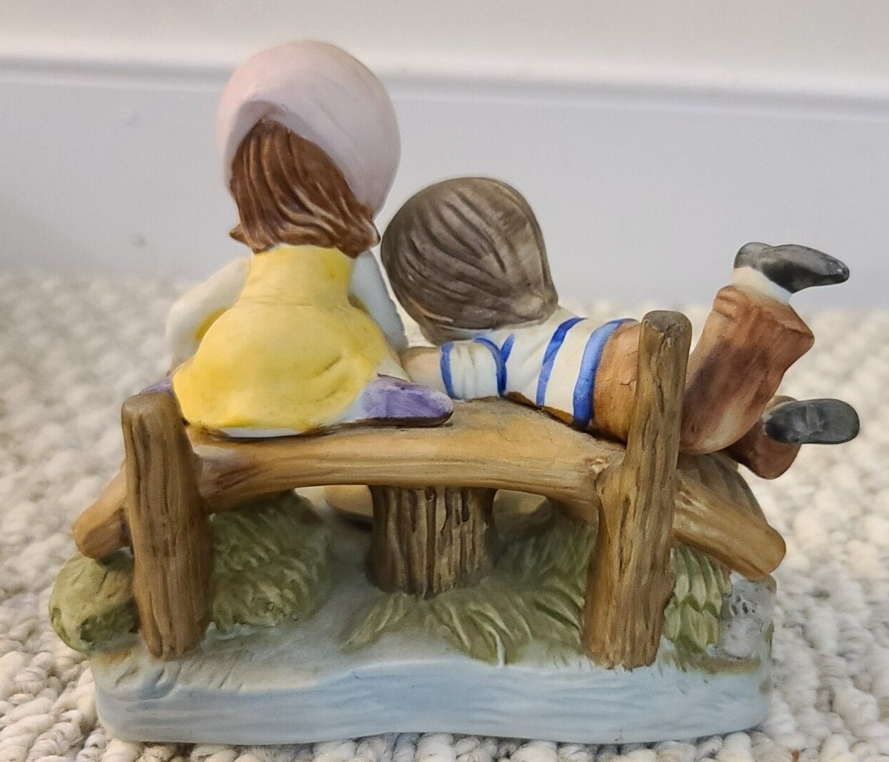 Figurine Artmark Porcelain Boy and Girl On Bridge Hat In Stream Creek