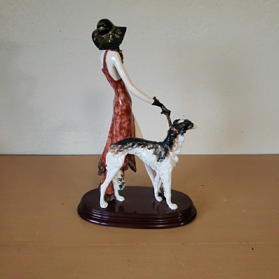 A. Santini Signed 17″ Sculpture Figurine Elegant Lady Walking with Borzoi Dog