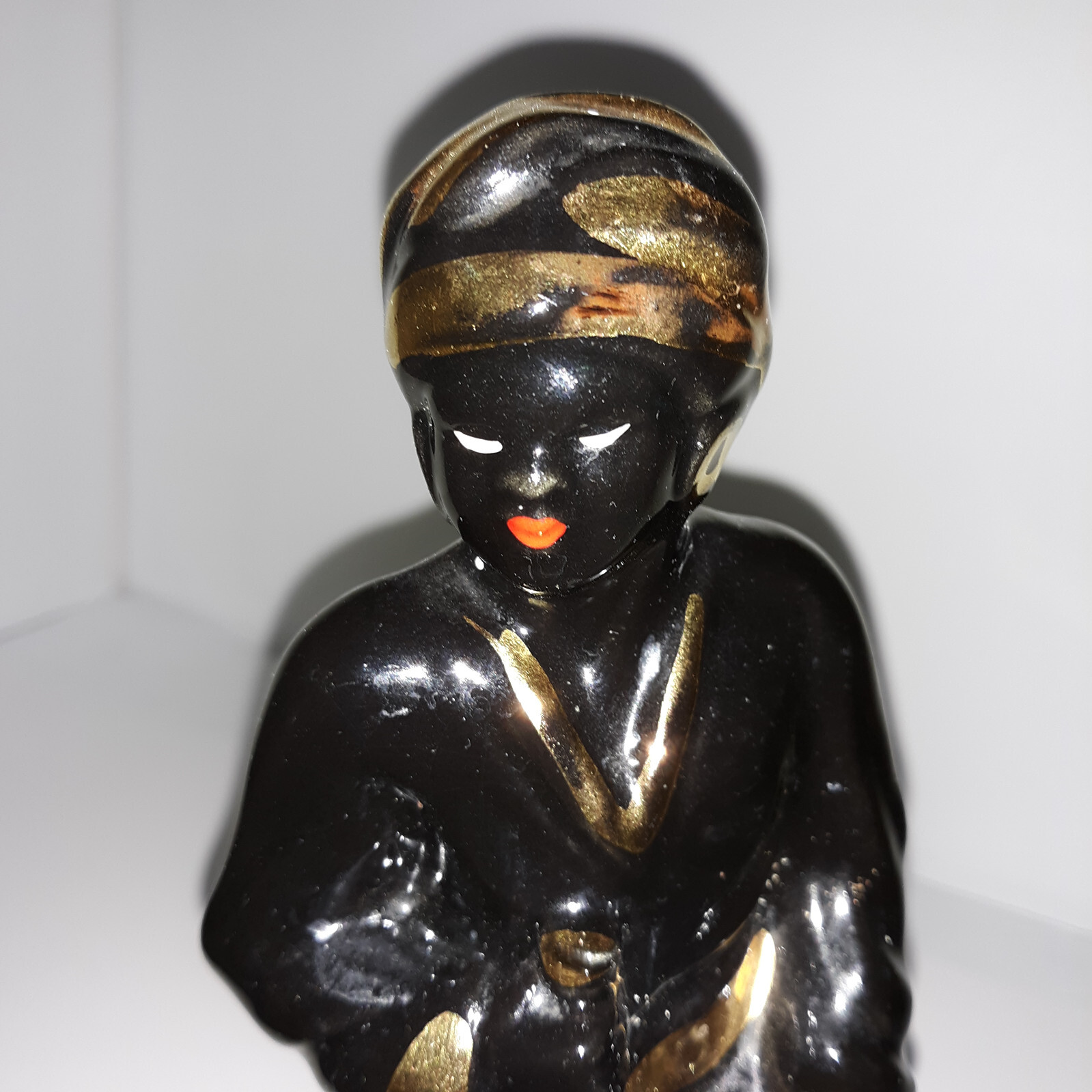 Vintage Art Deco Ceramic Black & Gold Woman & Man Figurines 2 Pc Set Statues H9″