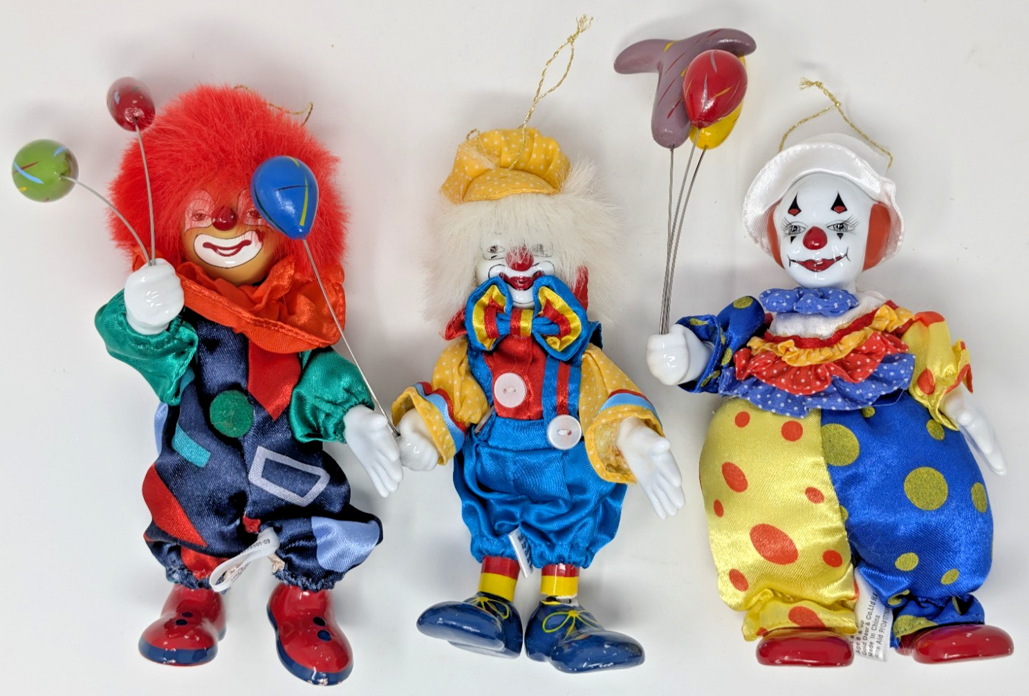 Lot of 3 Clown Doll Balloons Porcelain Head Hands Feet Gold Deer Co Ornament 7″