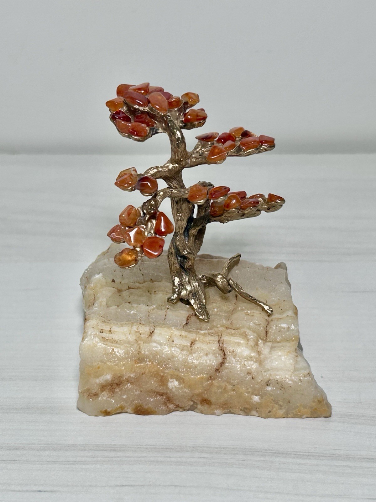 Vintage AMARO Stone & Gold Tone Metal BONSAI TREE SCULPTURE on Rock Signed
