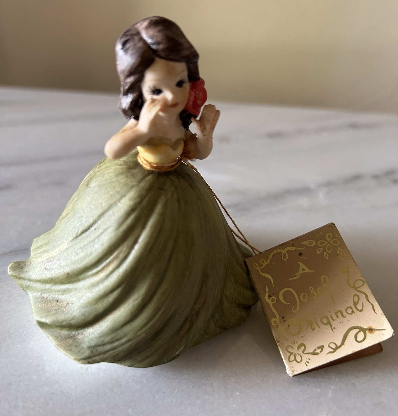 Josef Originals Hand Painted Hawaiian Ceramic Girl Figurine in Green with tag