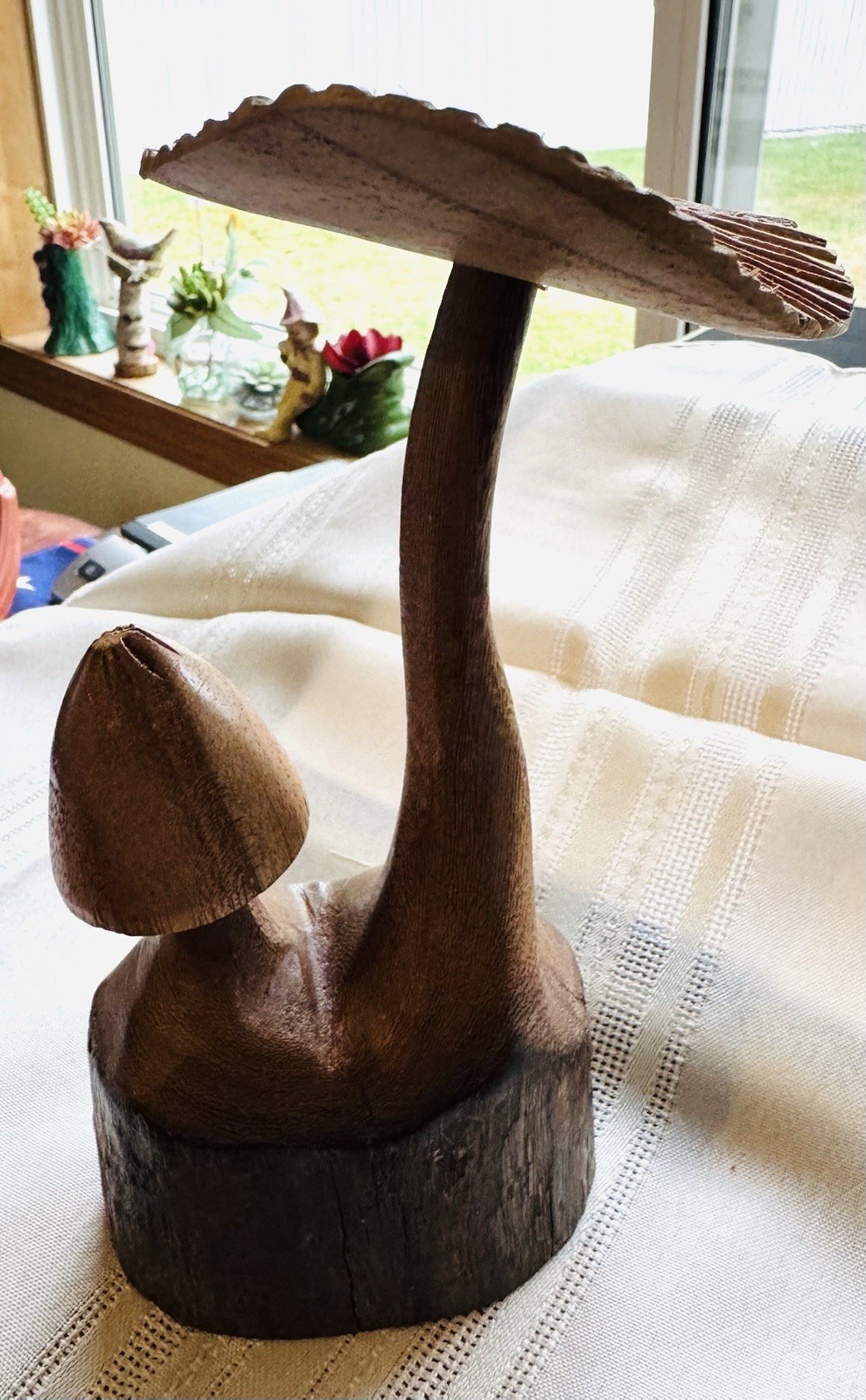 Exotic Mushroom Miniature 7.25” Handmade Sculpture Wood Carving Home Table Decor