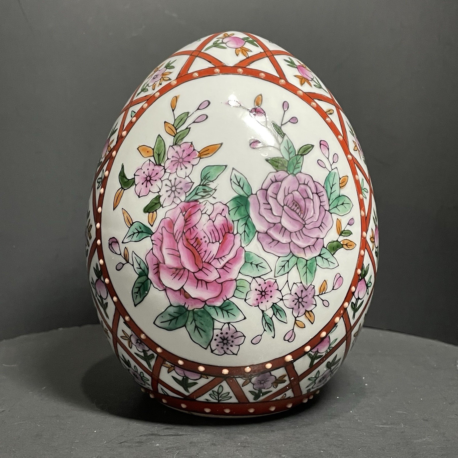 Chinoiserie Porcelain Egg 6.5” Roses Floral Motif Asian Decor Basket Weave Gift