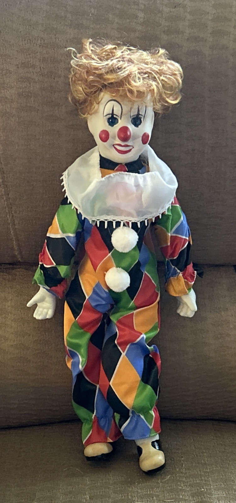 Porcelain Clown Doll 1980s Harlequin Vintage Open & Shut Eyes Soft Body Creepy