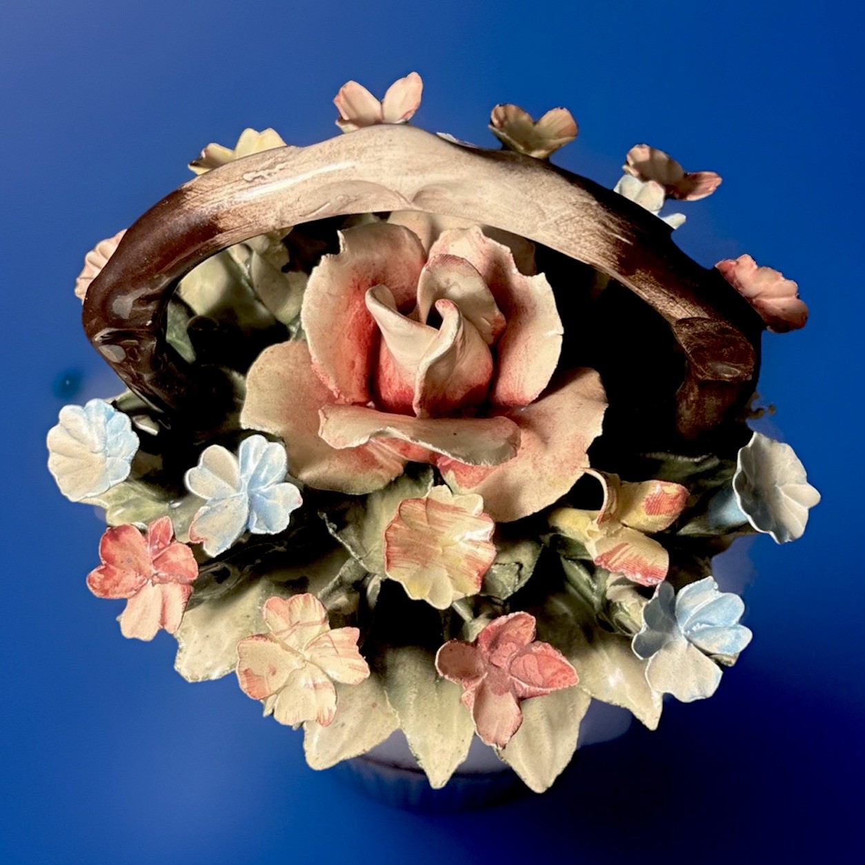 Vintage Capodimonte Italy Porcelain Flower Basket Centerpiece 7” Hand Made