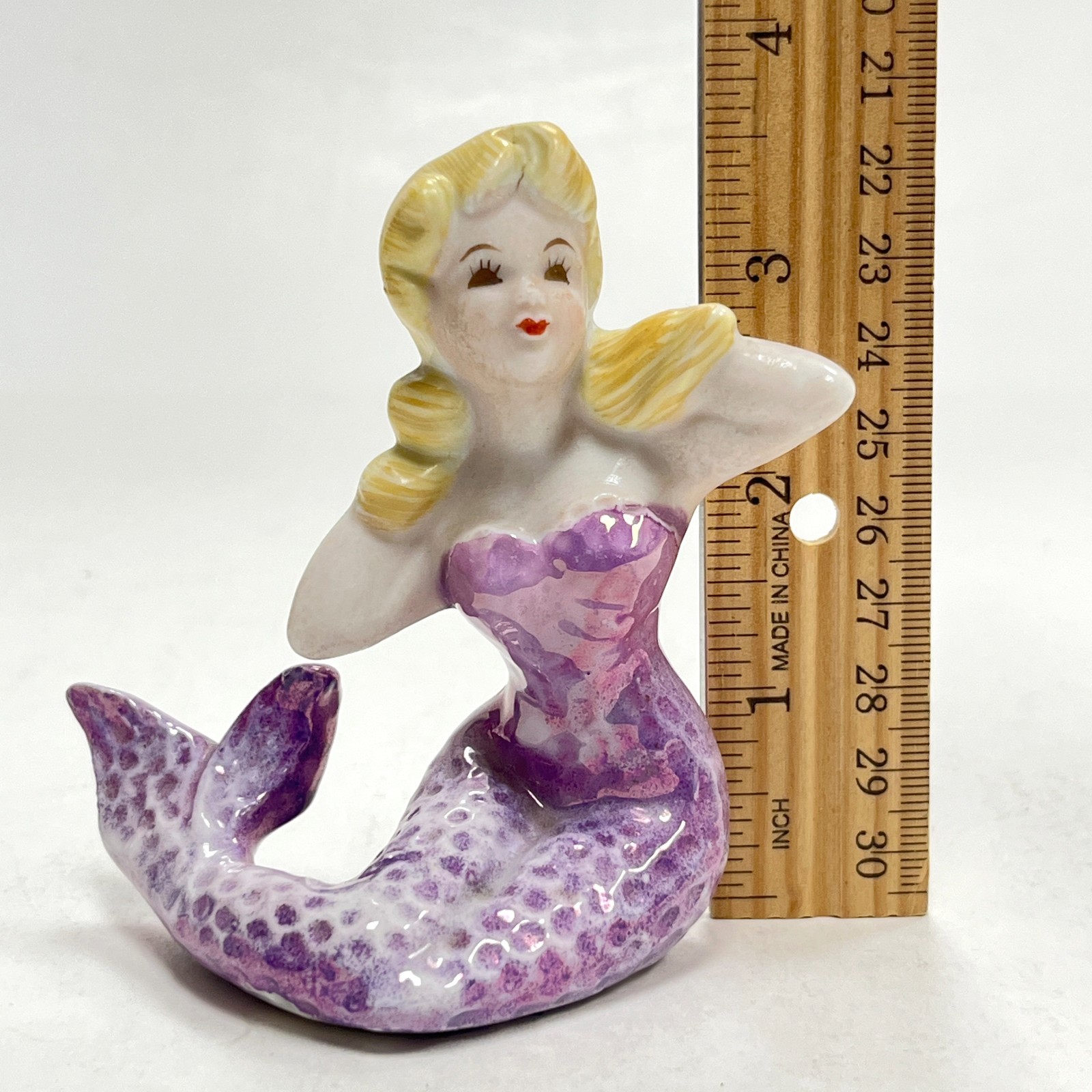 Merrymaid Mermaid Blonde Figurine Purple Dress Sitting 3.5″ Tall