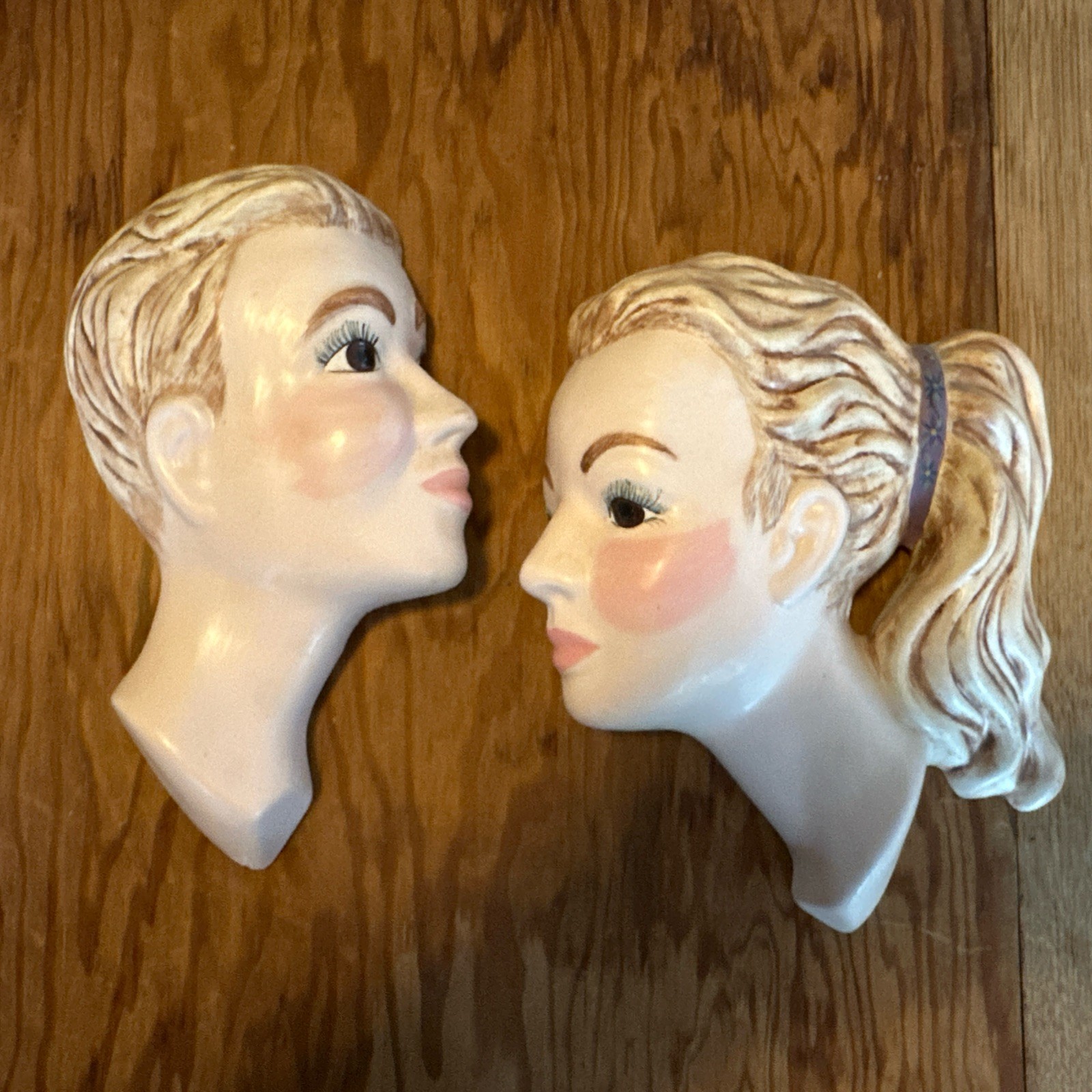 2 Vintage 1950’s Chalkware Ceramic Hand Painted Boy And Girl Wall Masks Hangings