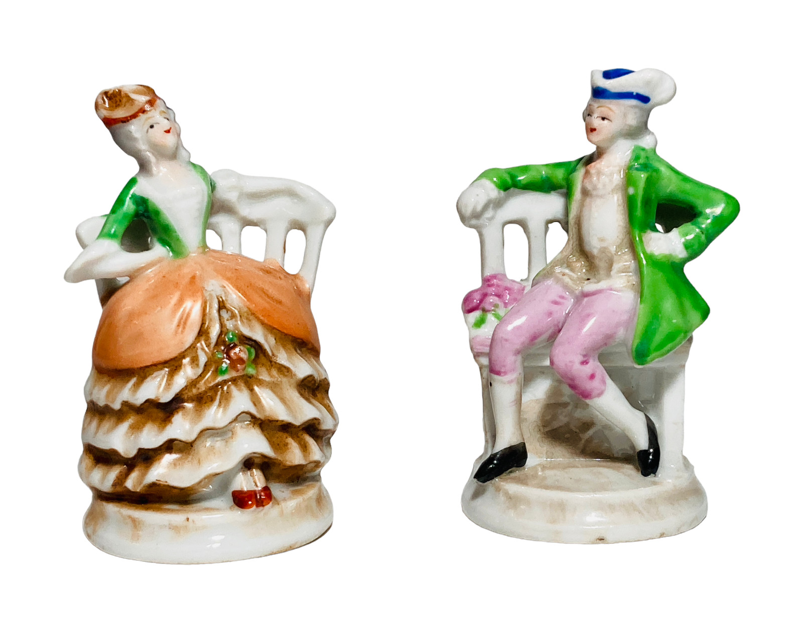 Colonial Man and Woman Porcelain Figurines Chair Made in Japan 3.25″H Vintage