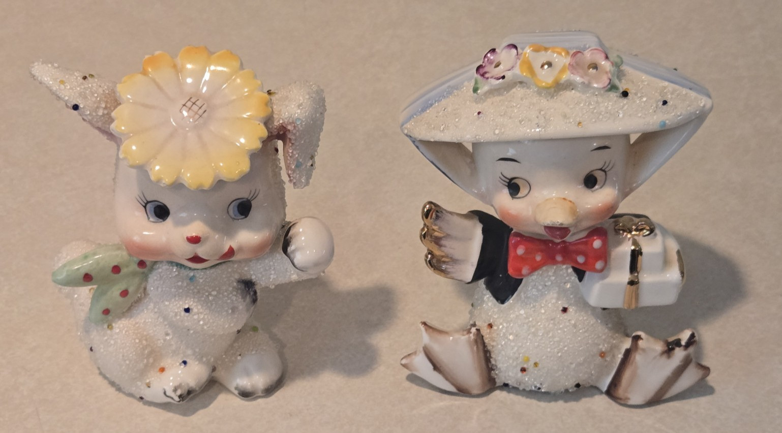 Rare 1950’s Japan Vtg Anthropomorphic Easter Bunny Rabbit & Duck Sugared Texture