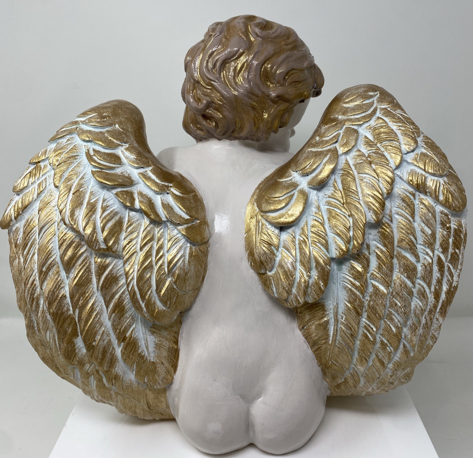 VTG Winged Cherub Angel Sitting Hand painted Gold/ White 10” H