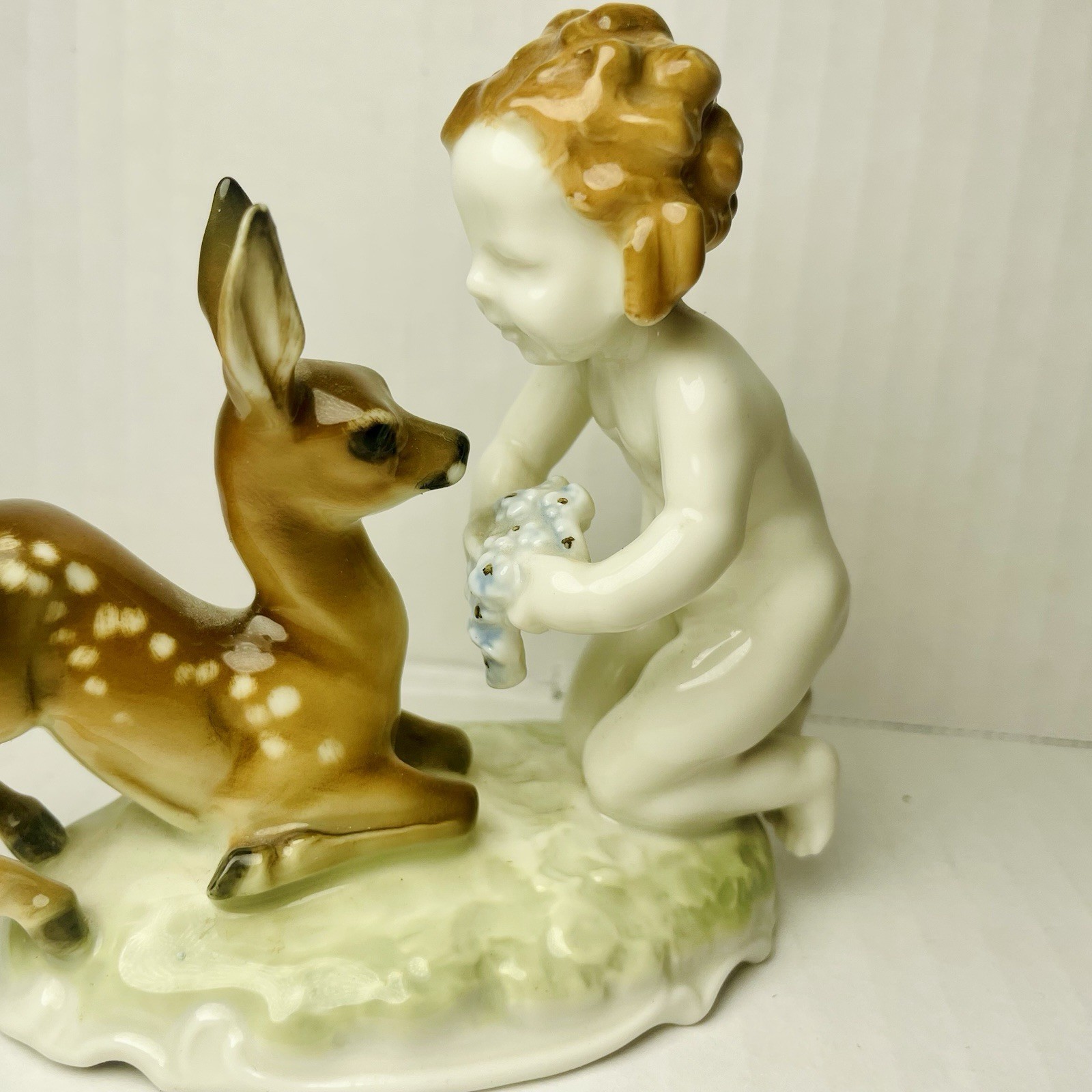 Hutschenreuther Kunstabteilung Cherub w/ Fawn Germany Porcelain Figurine Painted