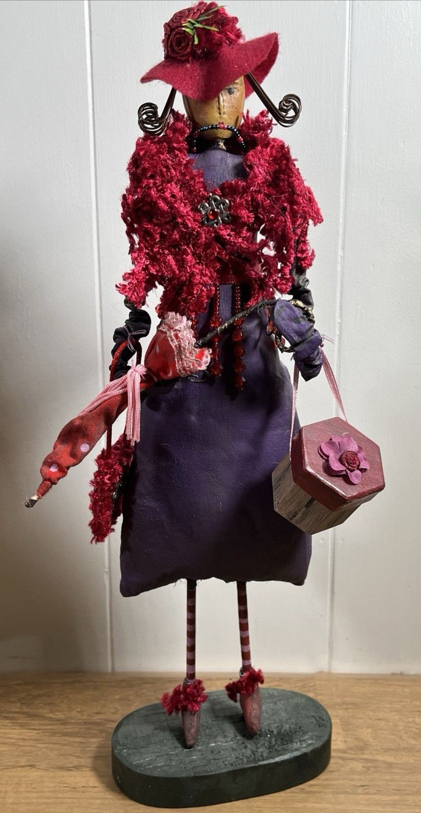 Collectible Hand Crafted Folk Art Paper Mache Woman Shopping 16″ Figure Umbrella